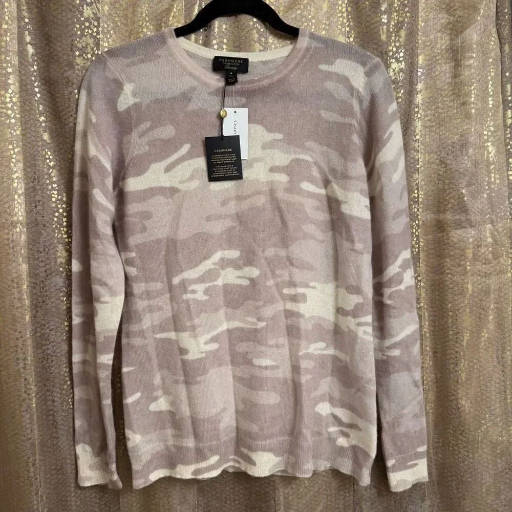 Charter Club 100% Cashmere Light Camo Print Taupe Crewneck Sweater Med NWT‎